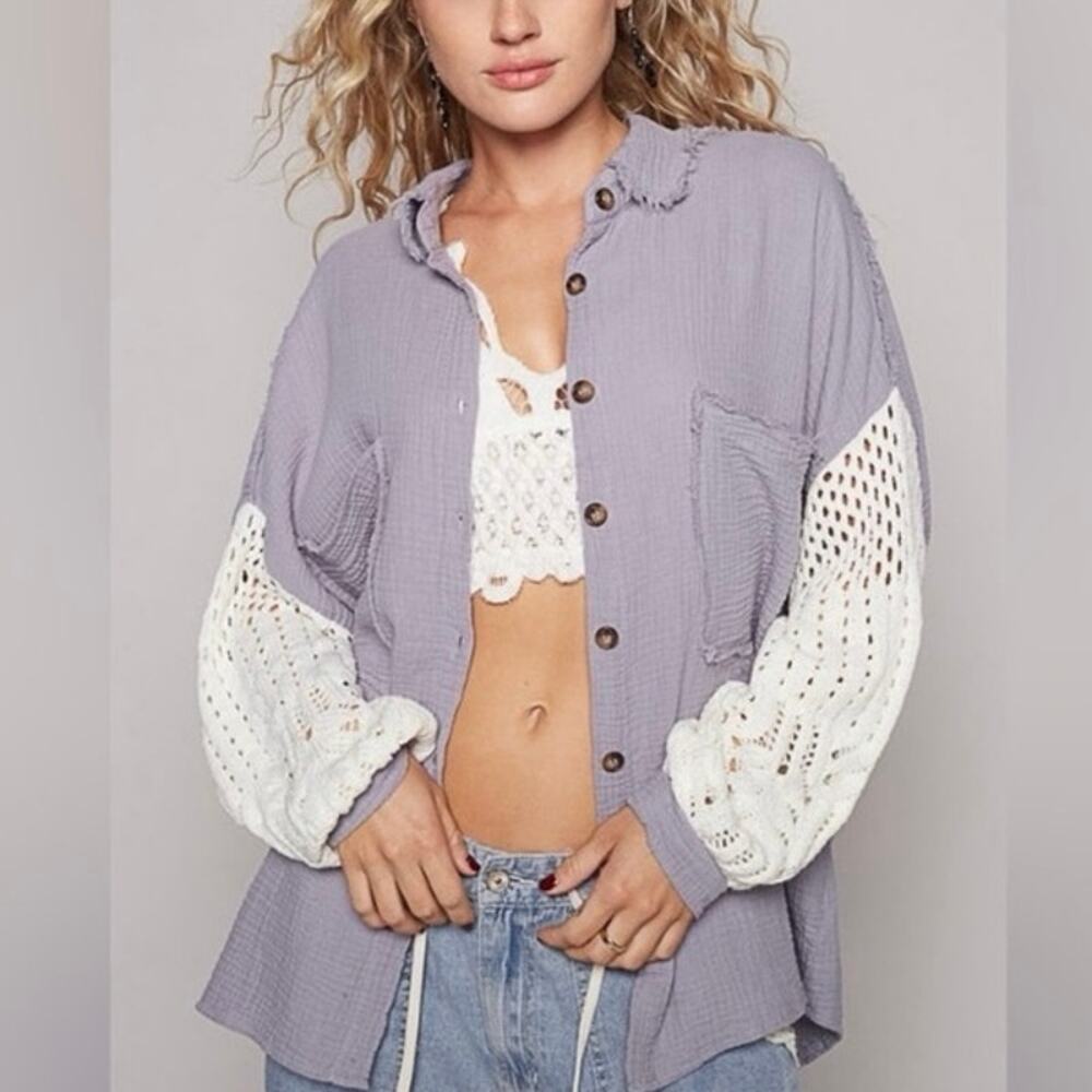 Womens POL Openwork Lantern Sleeve Button Down Gauze Shirt Purple Size S EUC!